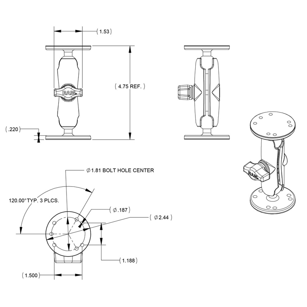 RAM Mount 1" Ball Double Socket Arm w/2 2.5" Round Bases - AMPS Hole Pattern [RAM-B-101U]