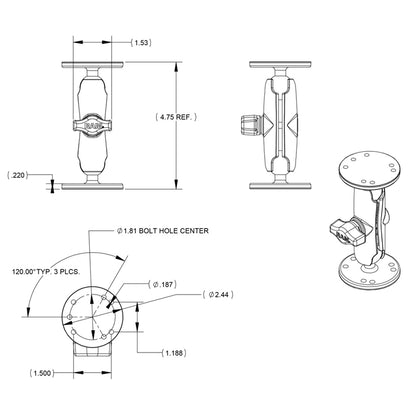 RAM Mount 1" Ball Double Socket Arm w/2 2.5" Round Bases - AMPS Hole Pattern [RAM-B-101U]