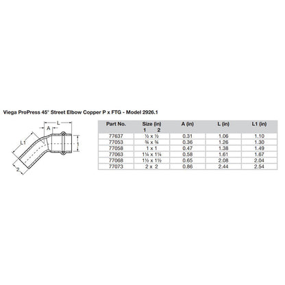 Viega ProPress 1/2" - 45 Copper Elbow - Street/Press Connection [77637]